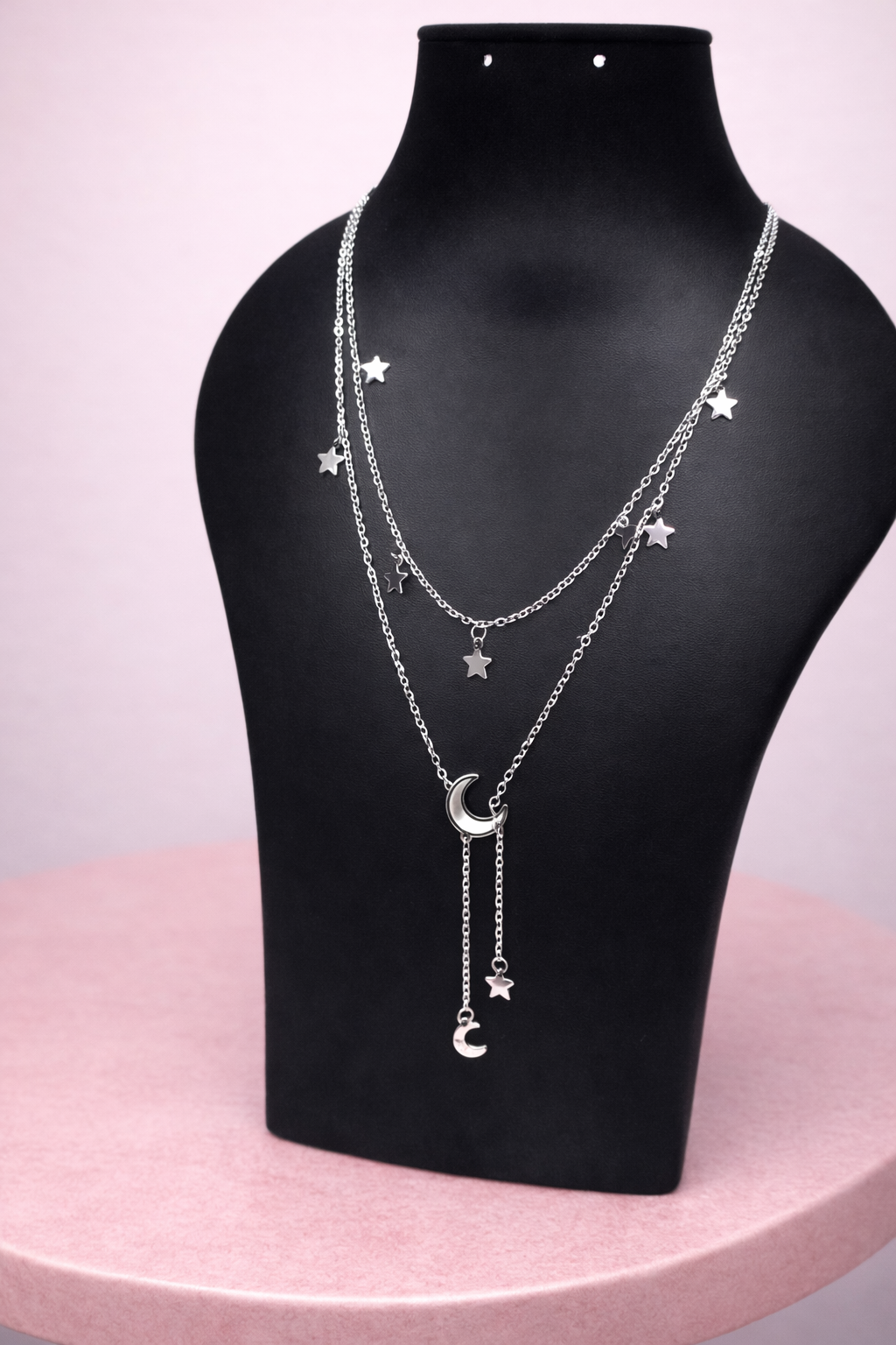 Stainless Steel Double Layer Hanging Stars & Moon Pendant Necklace Chain